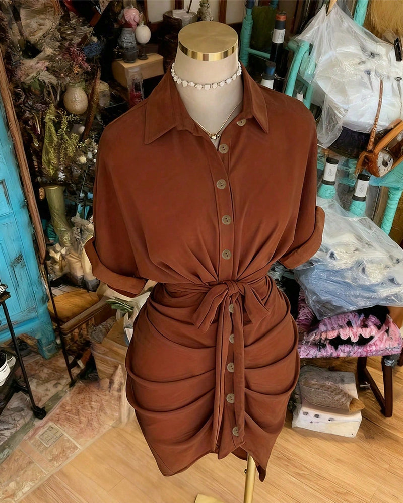 Robe Attacher Bouton Plissé Col Chemise