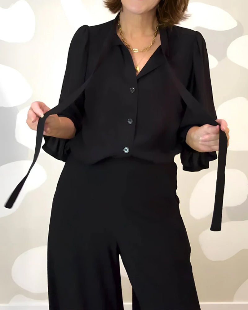 Blouse Col En V Volant Attacher Manche Évasée