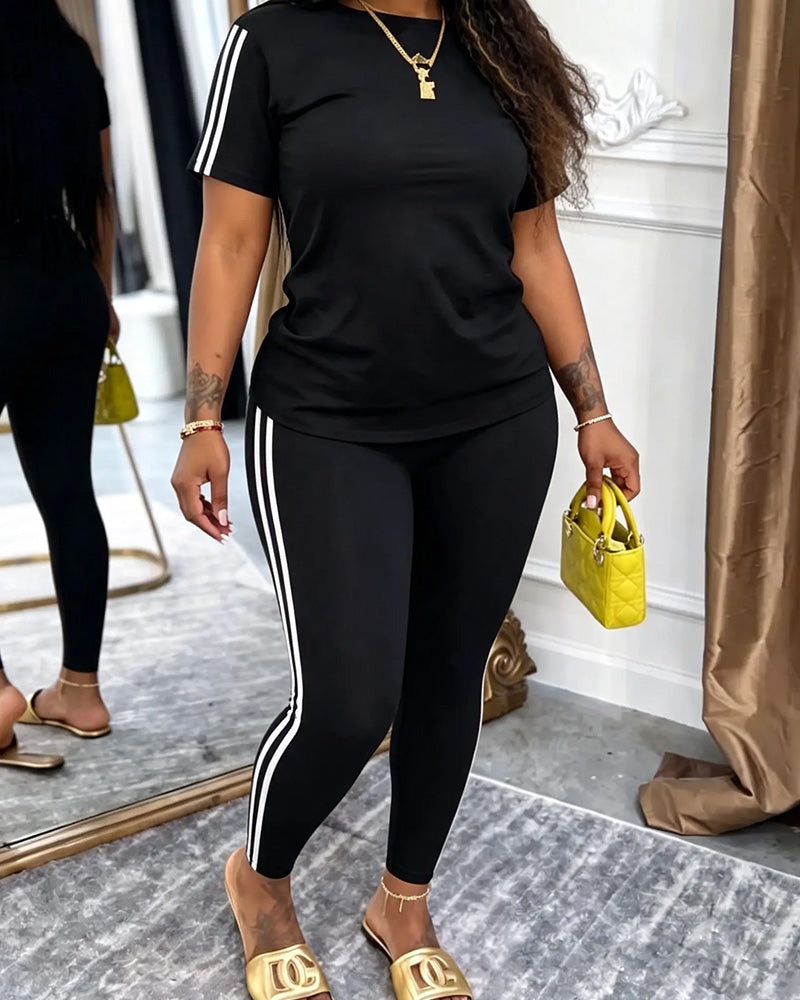 Ensemble Rayé Manches Courtes Pantalon Long Sport