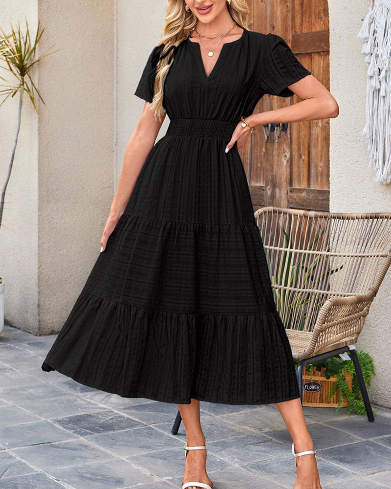 Robe Col En V Froncé Manche Bouffante Manches Courtes