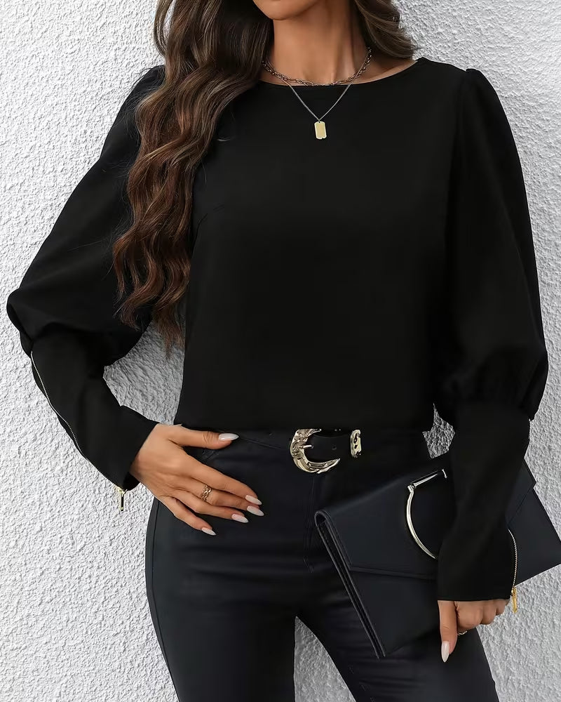 Blouse Fermeture Éclair Manches Bouffantes