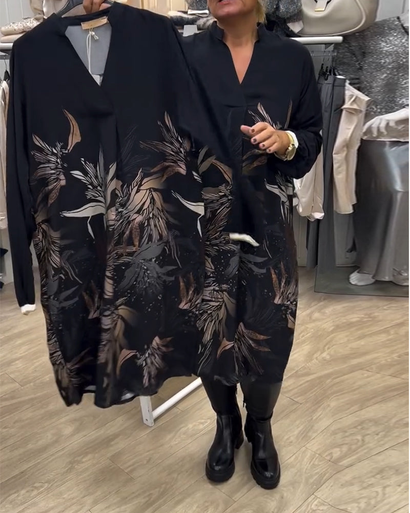 Robe Col V Imprimé Feuilles Manches Longues
