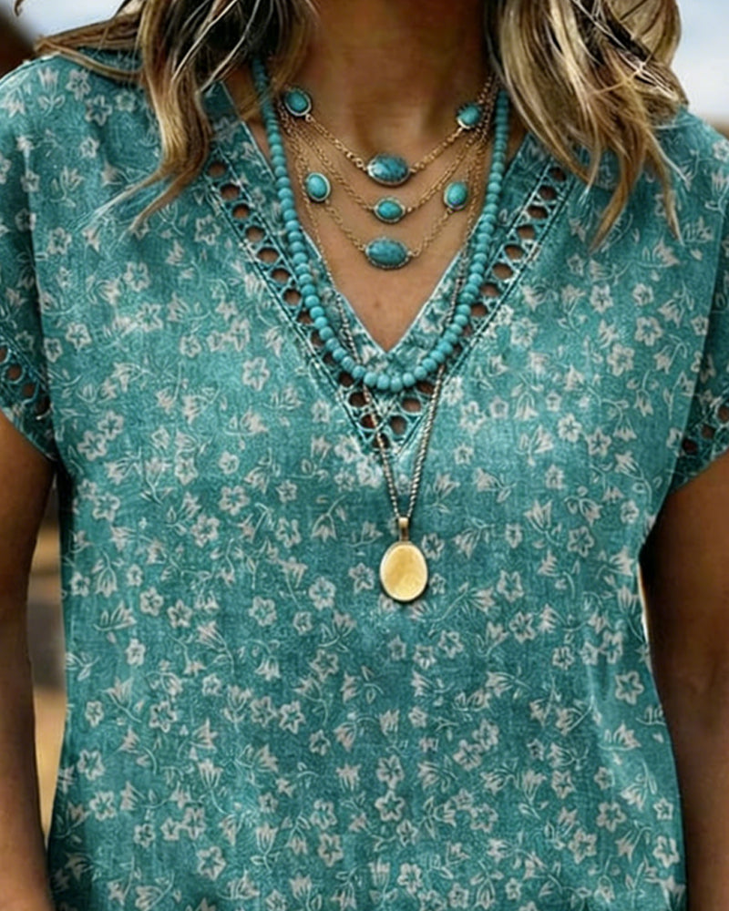 T-Shirt Découpé Patchwork Col V Floral