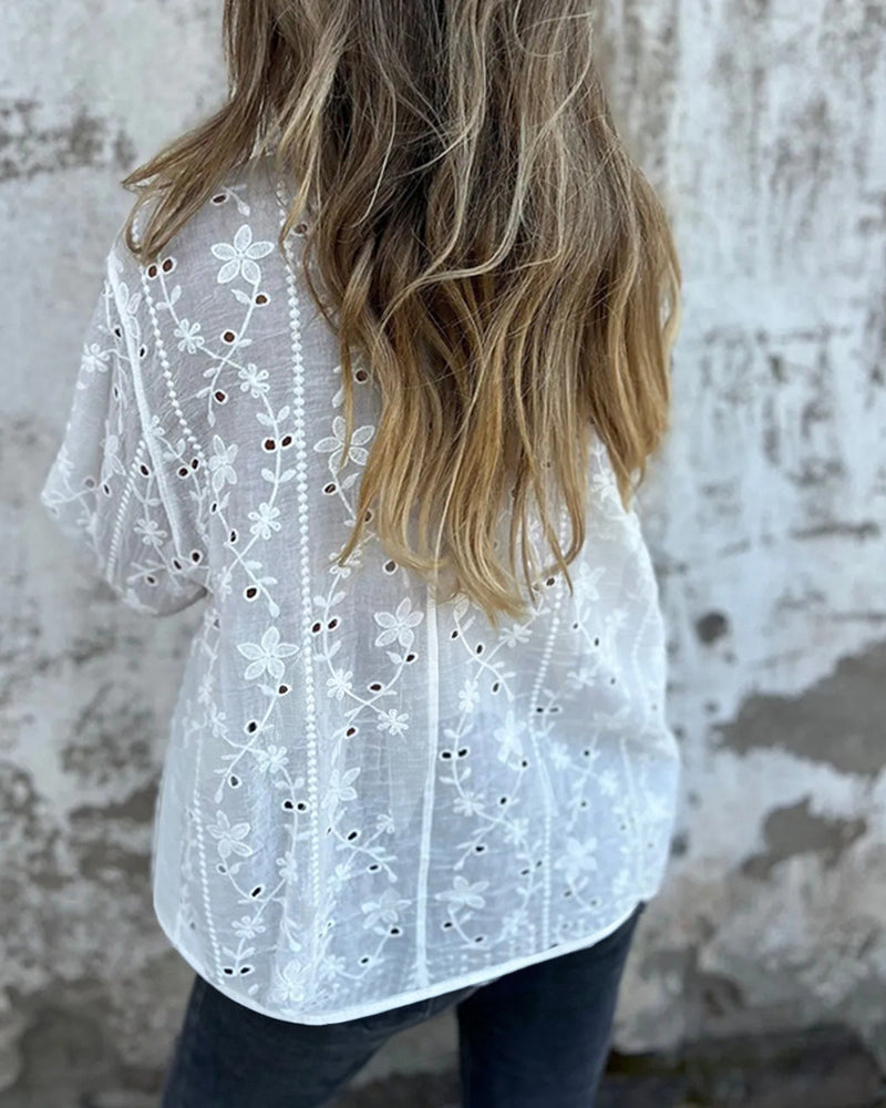 Blouse Florale À Découpe Évidée Manches Longues
