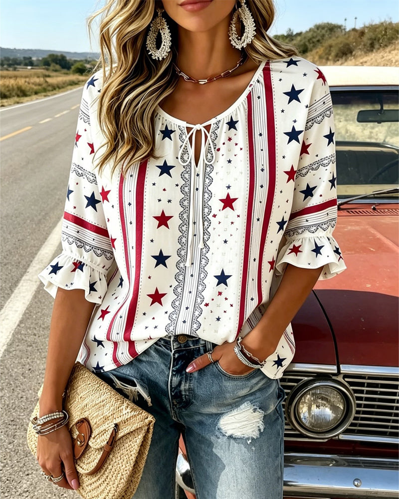 Blouse Imprimée À Lacets Et Manches À Volants