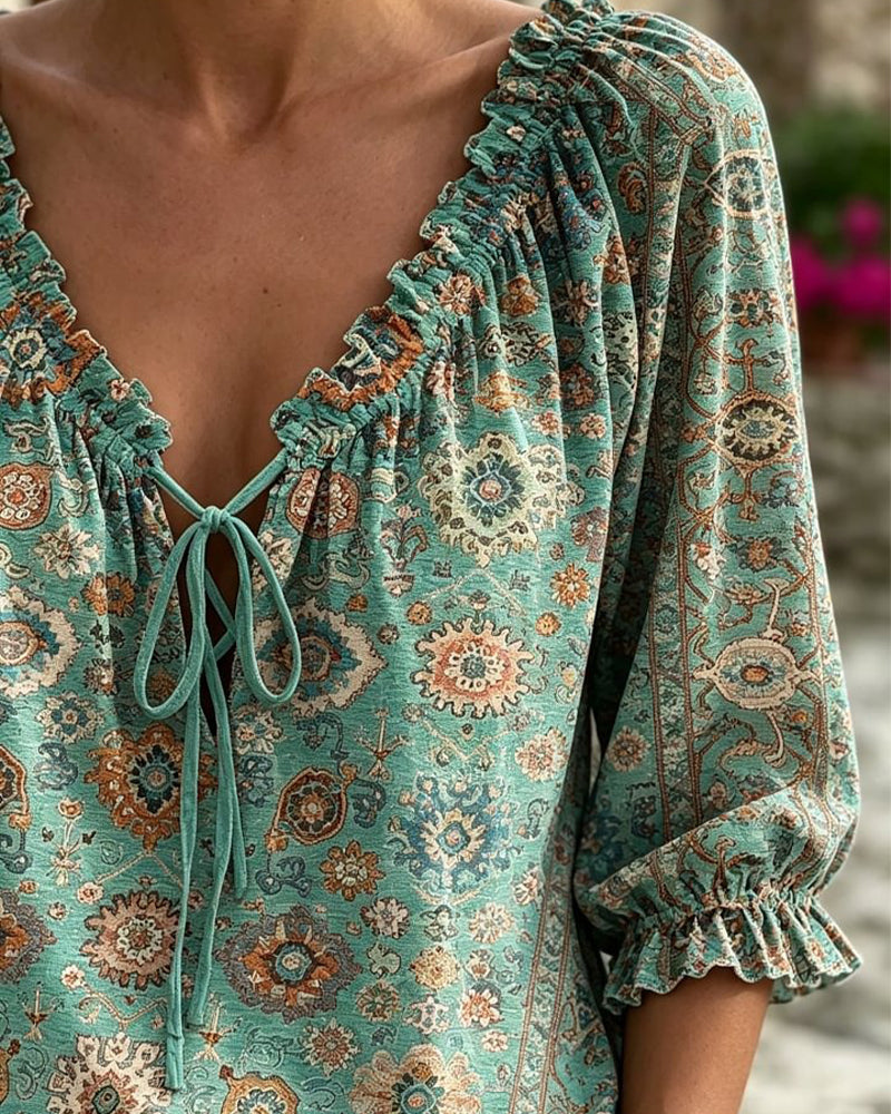 Blouse Col V Attache Vintage Imprimé