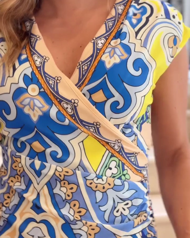 Robe élégante à col en V imprimé vintage