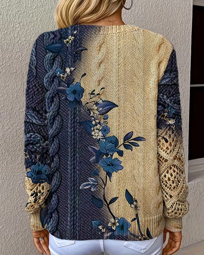 Pullover Dégradé Bloc De Couleur Fleuri Col En V Évidé