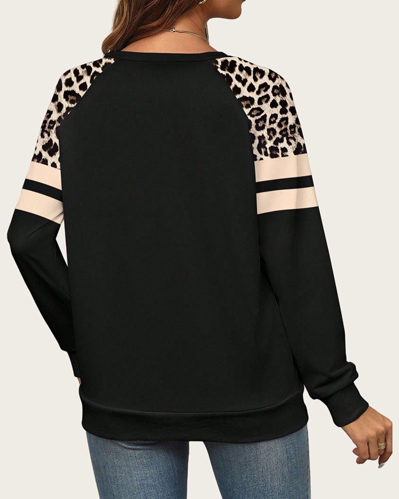 Sweat-Shirt Manches Longues Col Rond Léopard Rayé