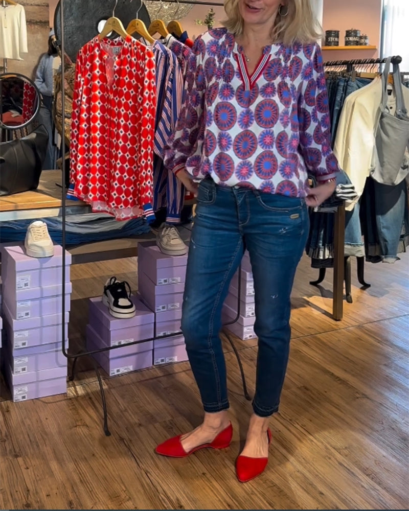 Blouse élégante col V à imprimé géométrique