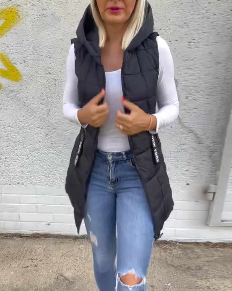 Manteau matelassé sans manches à capuche et fermeture éclair