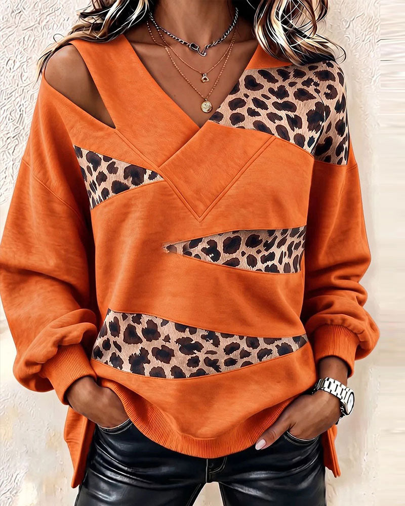 Sweatshirt Léopard Patchwork Col V Pull