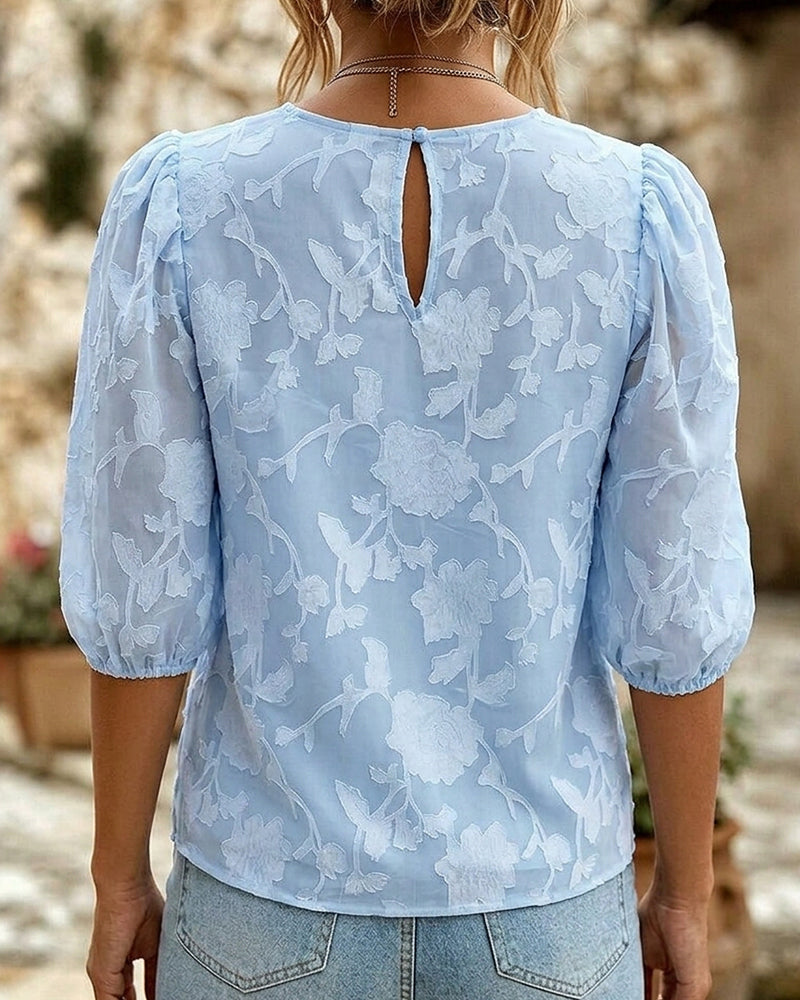 Blouse Col Rond À Manches Bouffantes