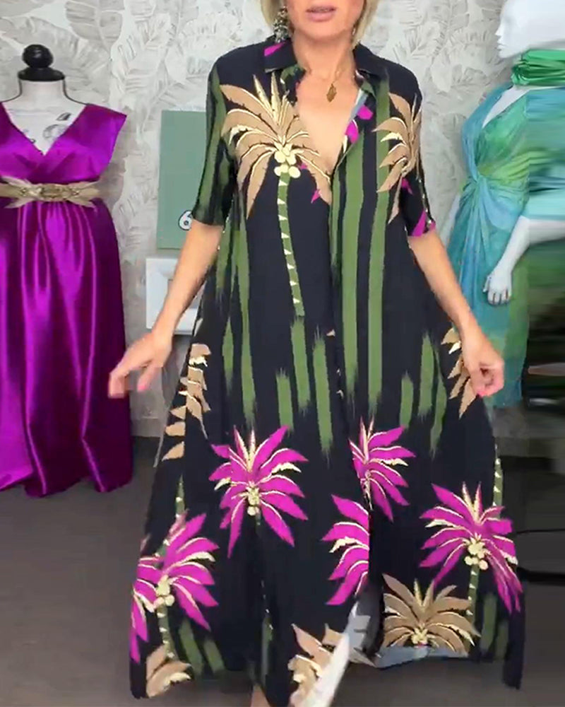 Robe ample décontractée à manches courtes et fente à imprimé feuilles