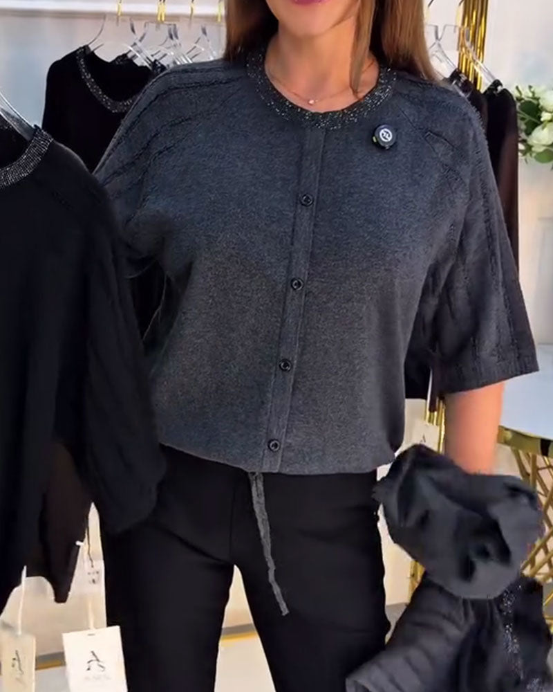 Pullover Col Rond Manches Courtes Simple Boutonnage
