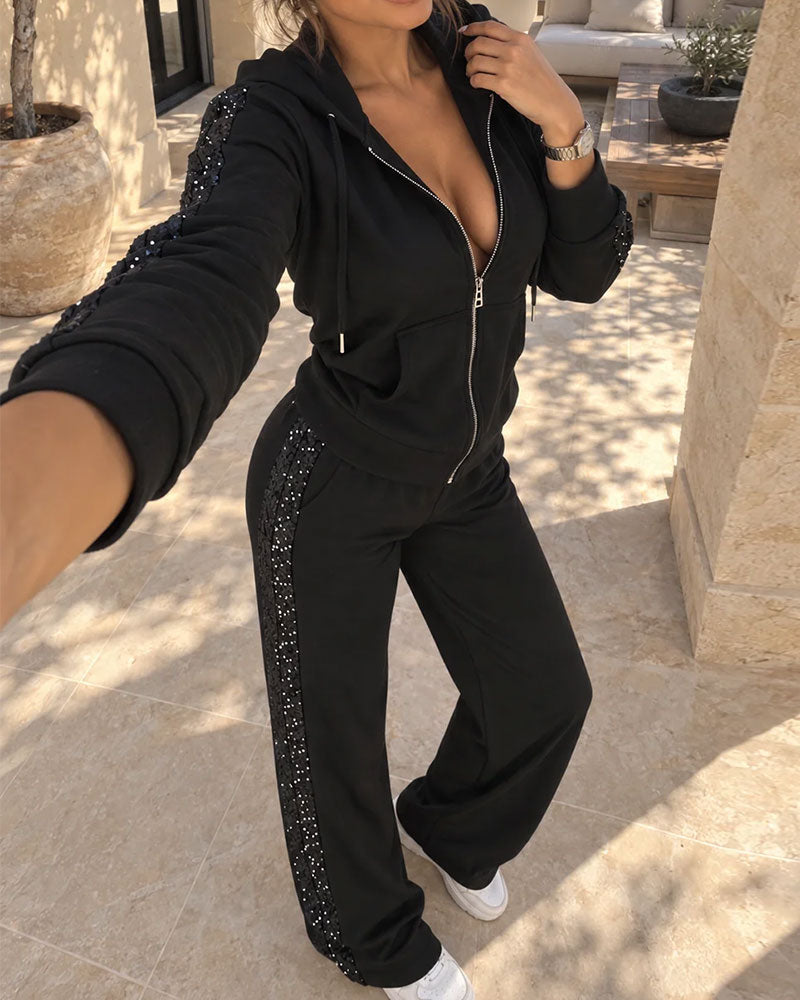 Ensemble À Capuche Décontracté Manches Longues Manteau Pantalon Droit