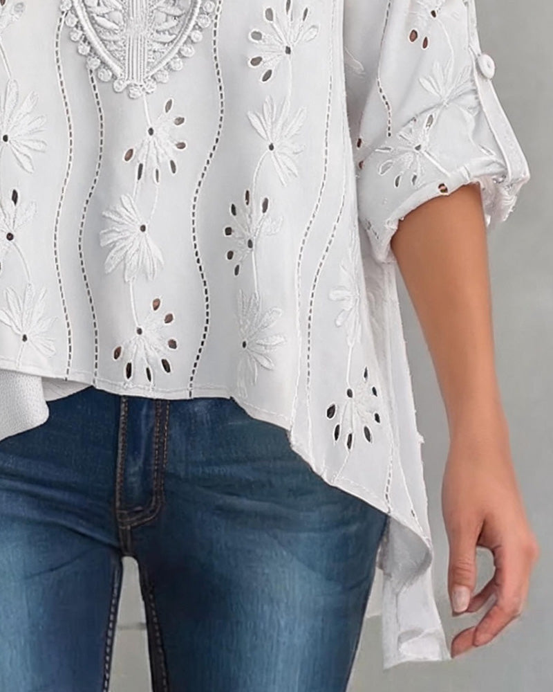 Blouse Petit Col V Bouton Irrégulier