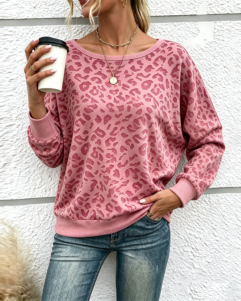 Pullover Sweatshirt Léopard Col Rond Épaule Descendue