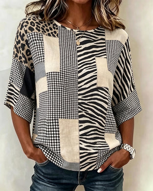 Blouse Col Rond Patchwork Plaid Léopard