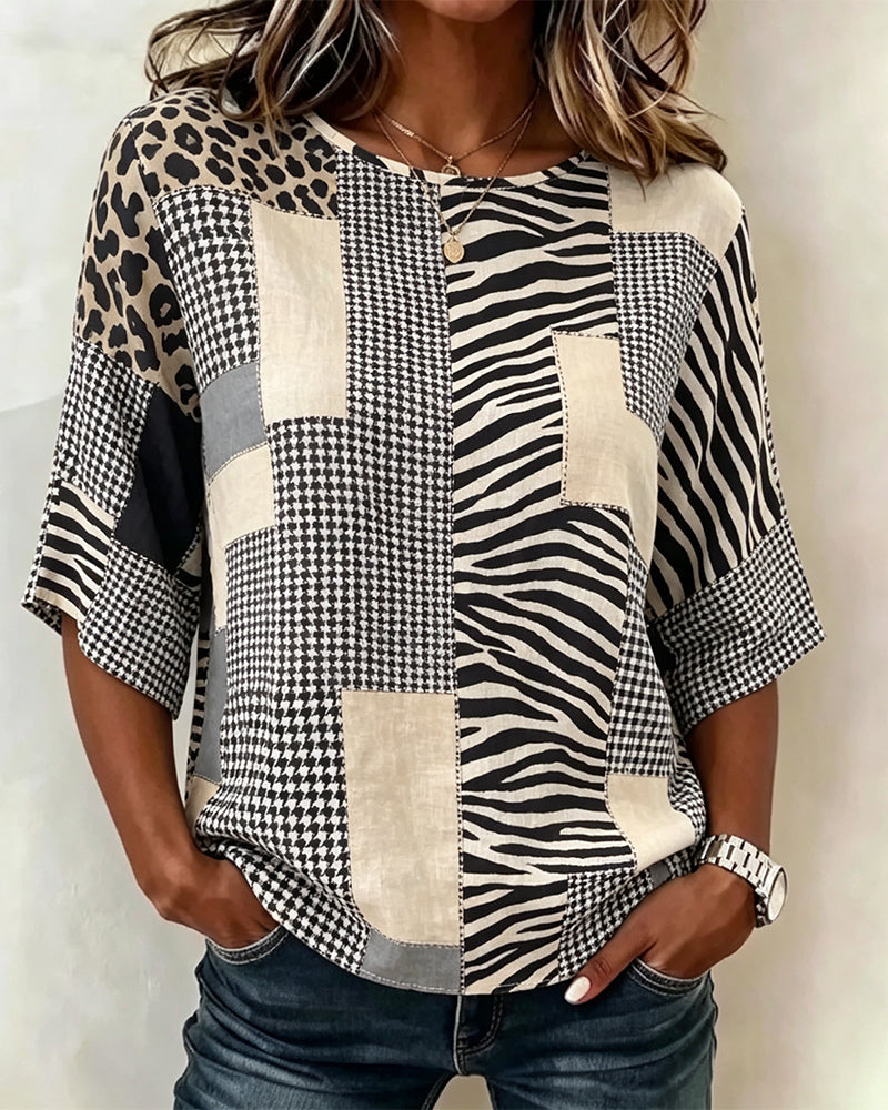 Blouse Col Rond Patchwork Plaid Léopard