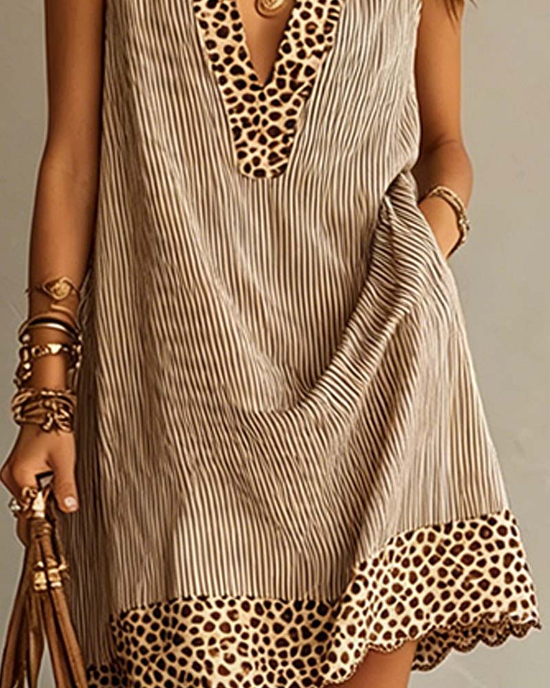 Robe Col Col En V Bloc De Couleur Rayé Léopard