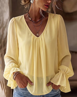 Blouse Col En V Froncée Manches Ballon Volant