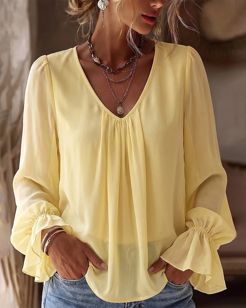 Blouse Col En V Froncée Manches Ballon Volant