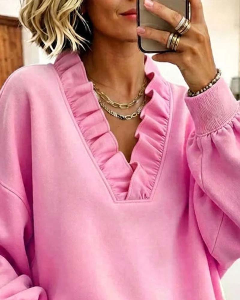 Sweatshirt Volant Col En V Épaule Tombante