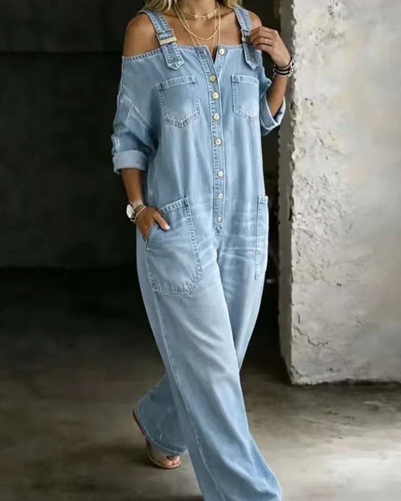 Jumpsuit Bretelle Spaghetti Épaule Dégagée Jambe Large Denim