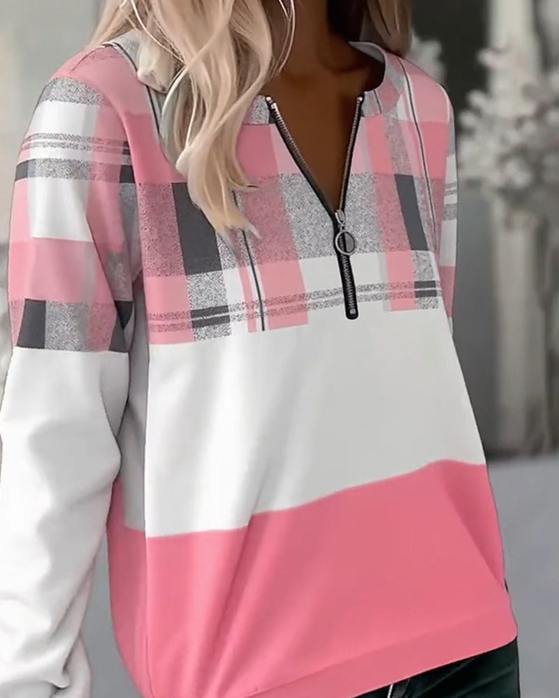 Sweat Décontracté À Carreaux Couleur Contrastée