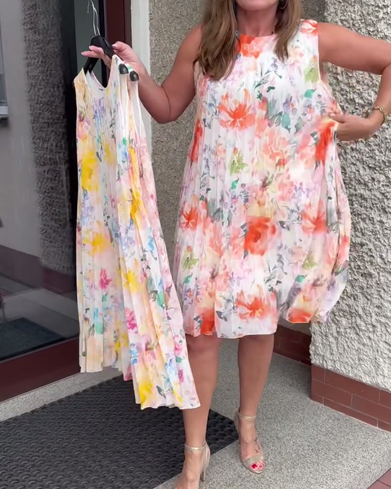 Robe Sans Manches Plissée Fleurie