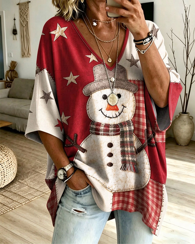 T-Shirt Noël Bonhomme De Neige Imprimé Col En V Demi-Manche