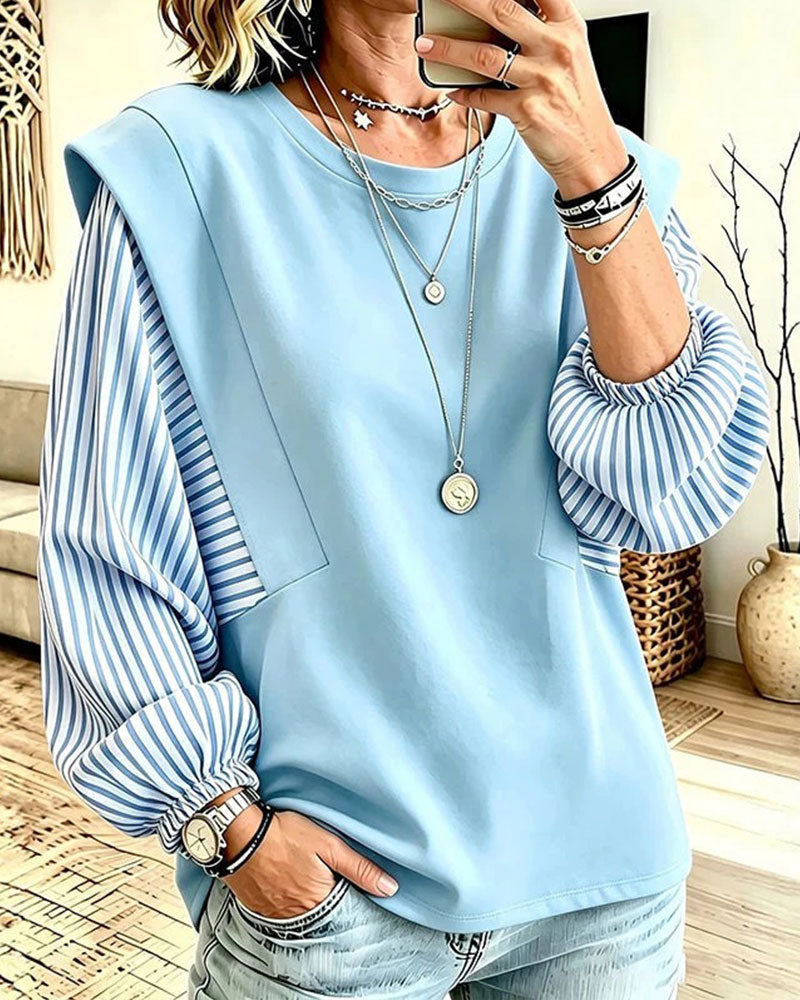 Sweatshirt Rayé Manche Longue Patchwork