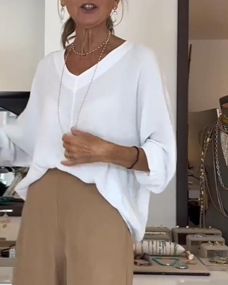 Chemisier patchwork décontracté à col en V et manches trois-quarts de couleur unie