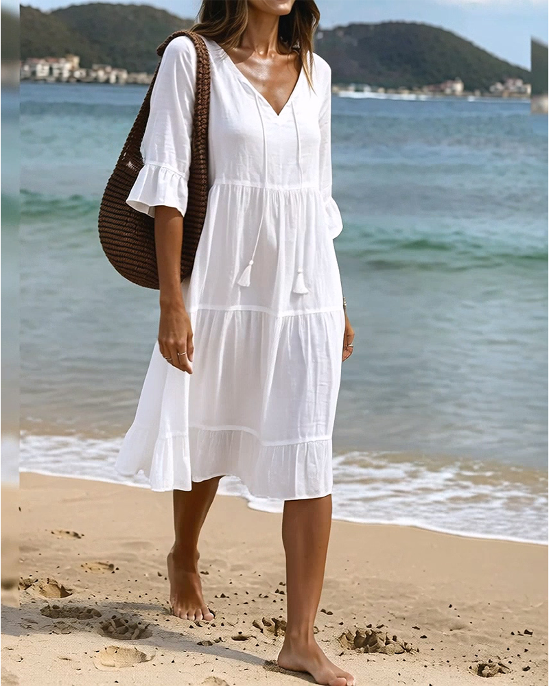 Robe Évasée Demi-Manche Nœud À La Taille