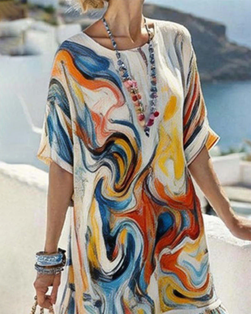Robe Col Rond Peinture À L'Huile Imprimé
