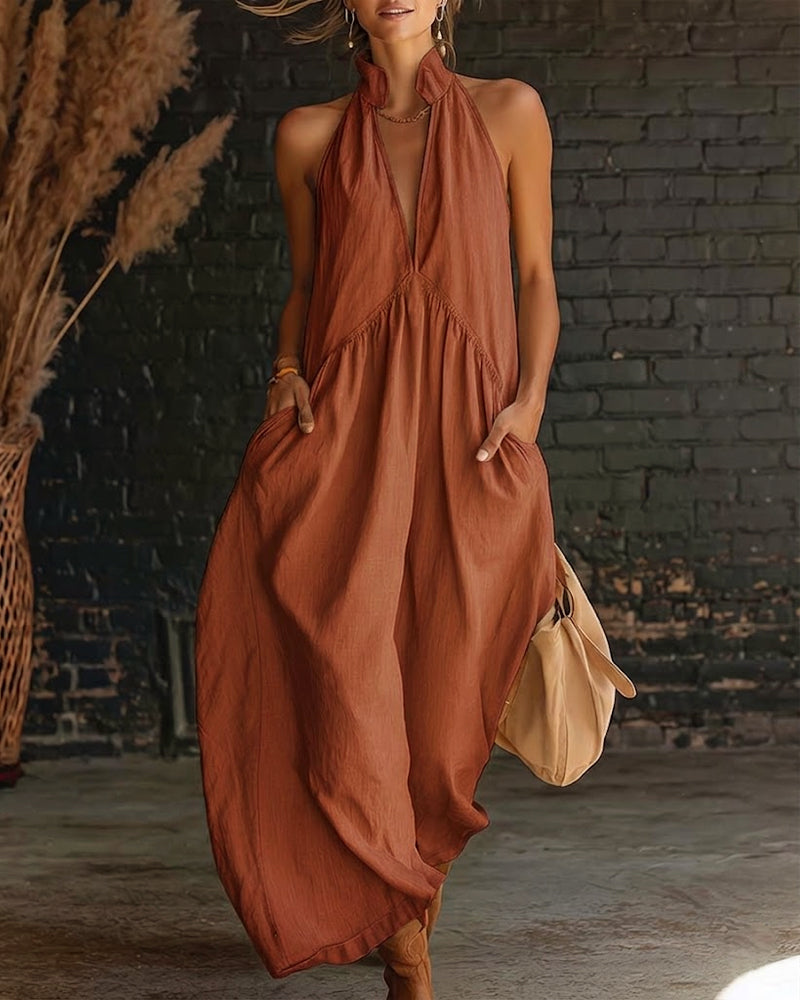 Robe 100% Coton Sans Manches Col Montant Unie Maxi