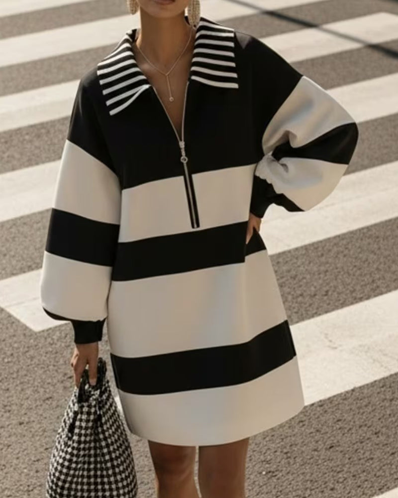 Robe Manche Lanterne Rayée Revers Fermeture Éclair