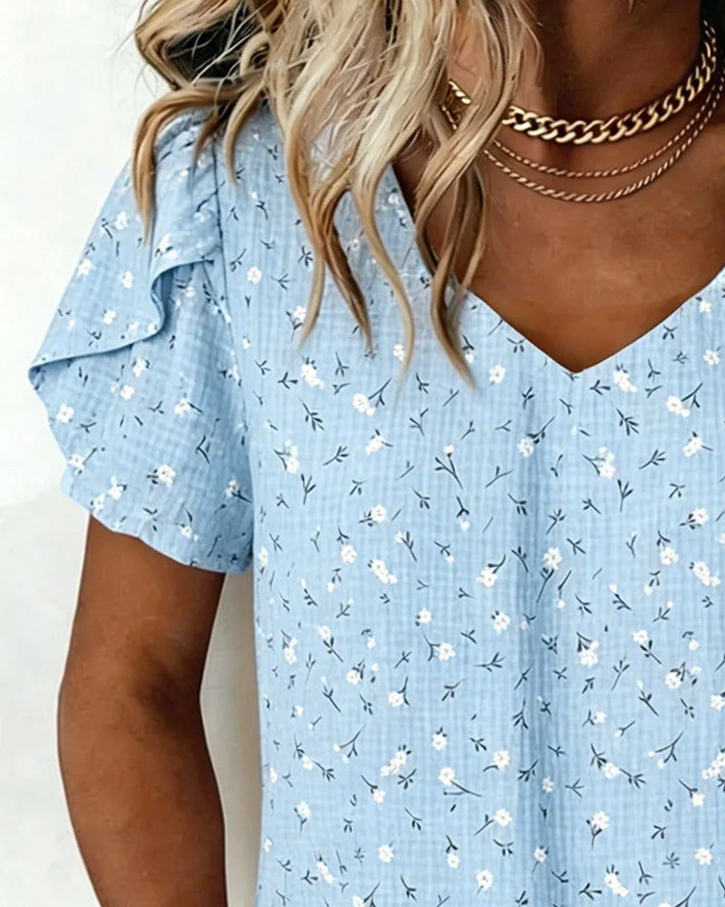 T-Shirt Col V Floral Manche Courte