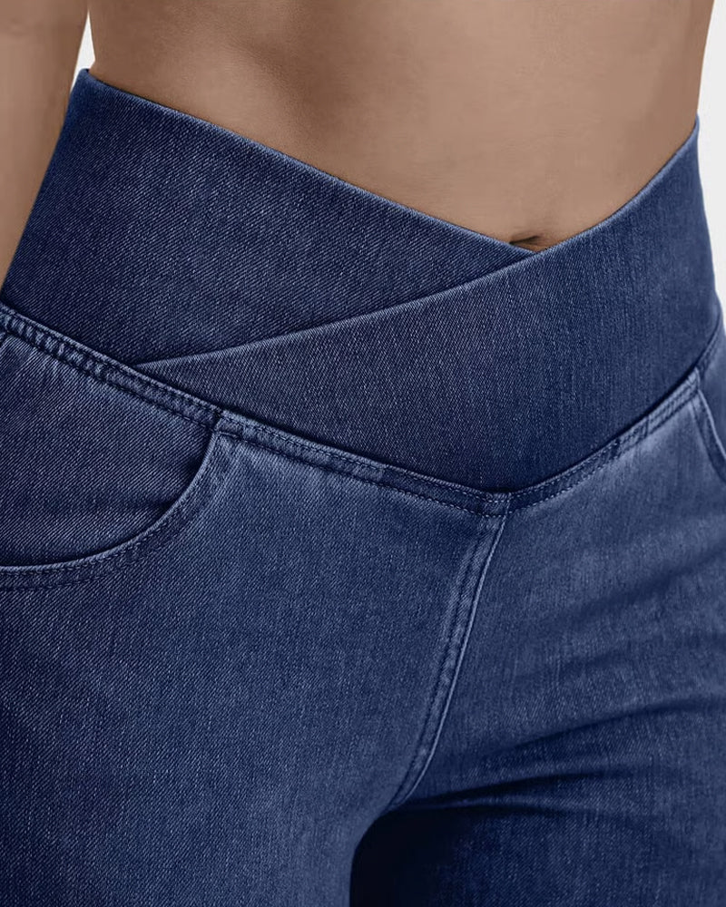 Pantalon Haute Élasticité Mode Poche Évasé