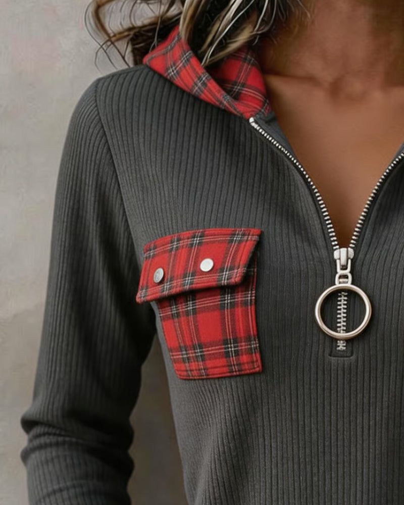 Sweatshirt À Carreaux Patchwork Demi Fermeture Éclair