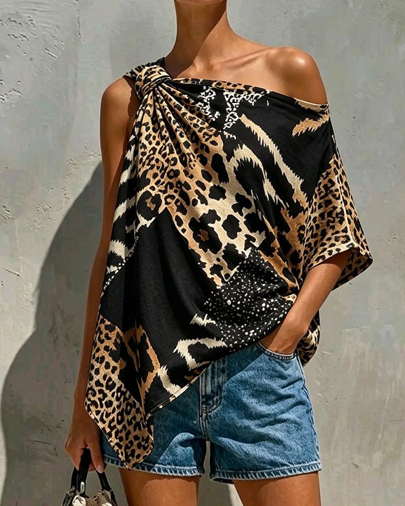 Blouse Imprimé Léopard Patchwork Une Épaule