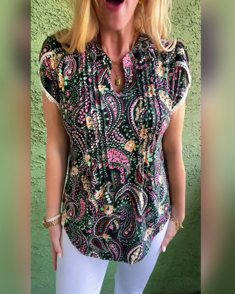 Blouse Manche Pétale Plissée Imprimée