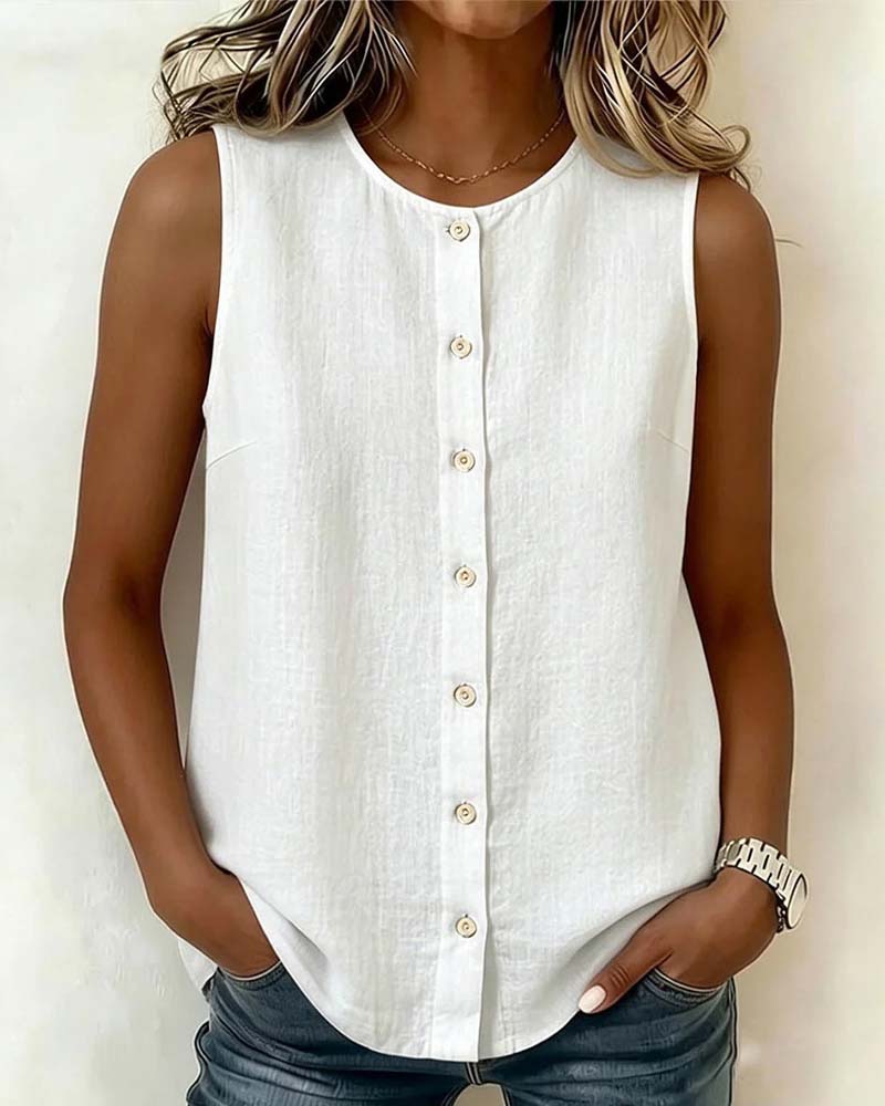 Blouse Col Rond Simple Boutonnage Sans Manches