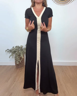 Robe élégante fendue à col en V et imprimé contrasté