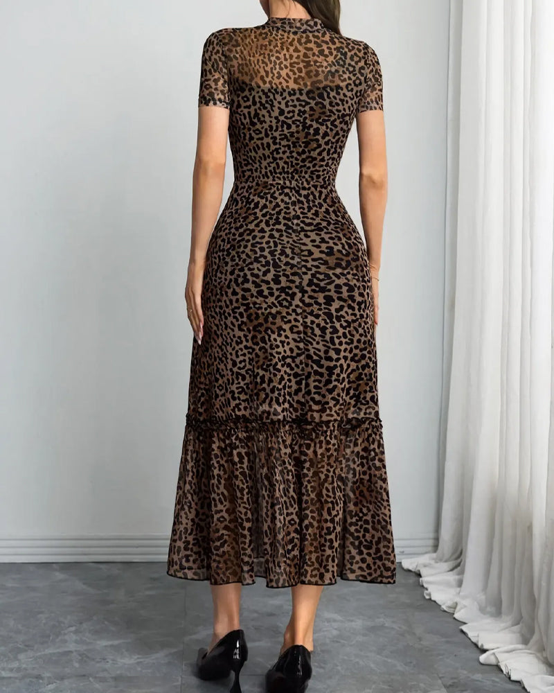 Robe Léopard Col Mock Mesh Midi