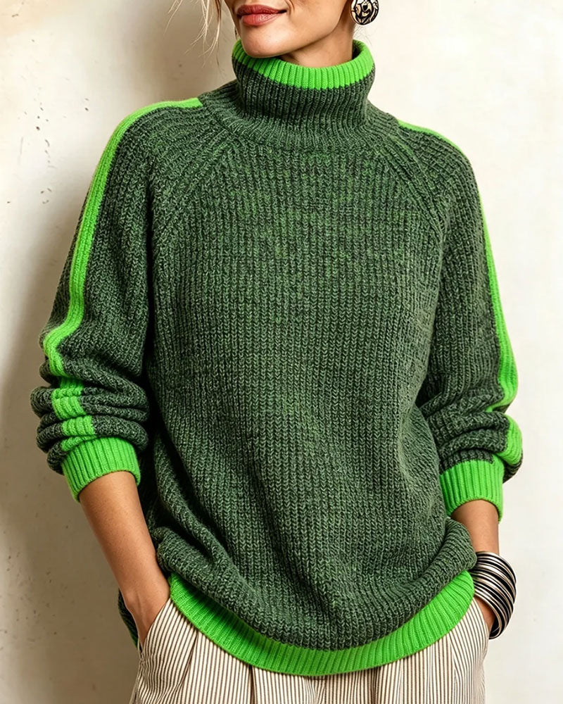 Pull Col Roulé Contraste Manches Raglan
