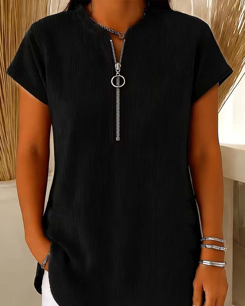 Blouse Unie Manche Courte Fermeture Éclair
