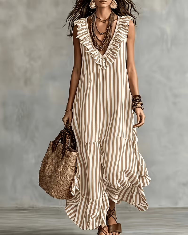 Robe Rayée Volants Col V Sans Manches