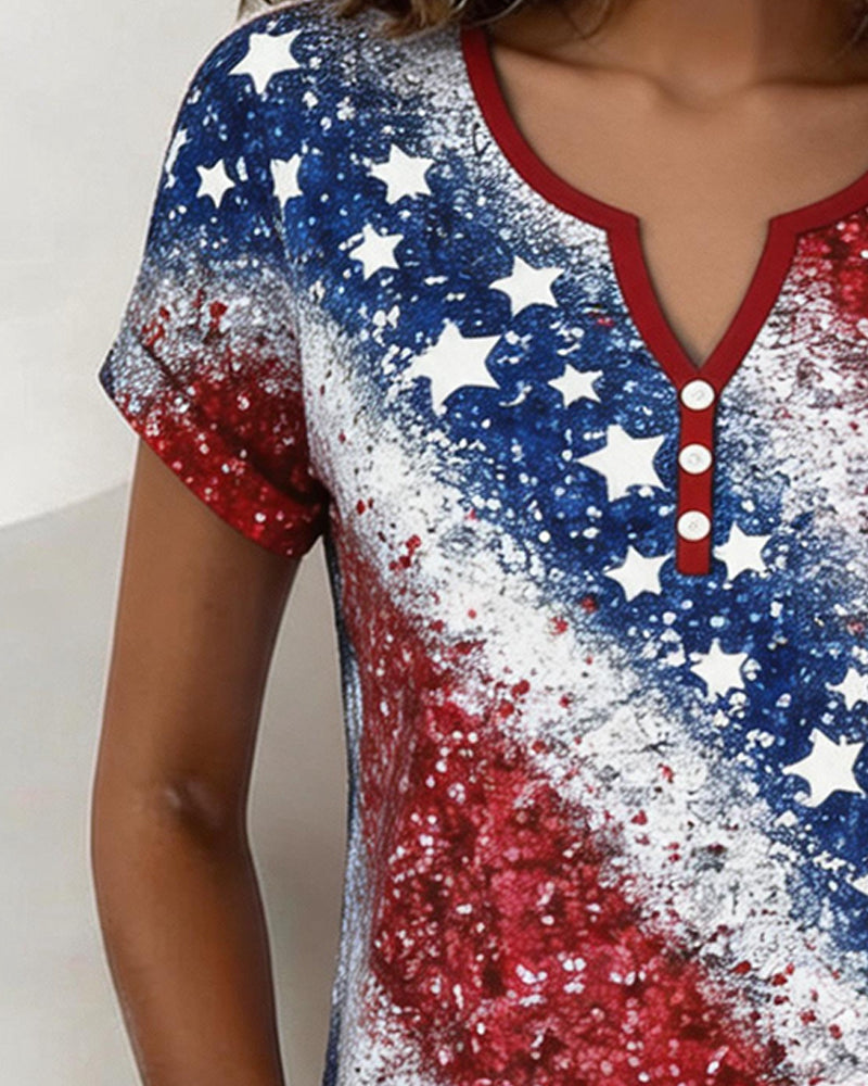 T-Shirts Trois-Bouton Étoiles Et Rayures Manches Courtes